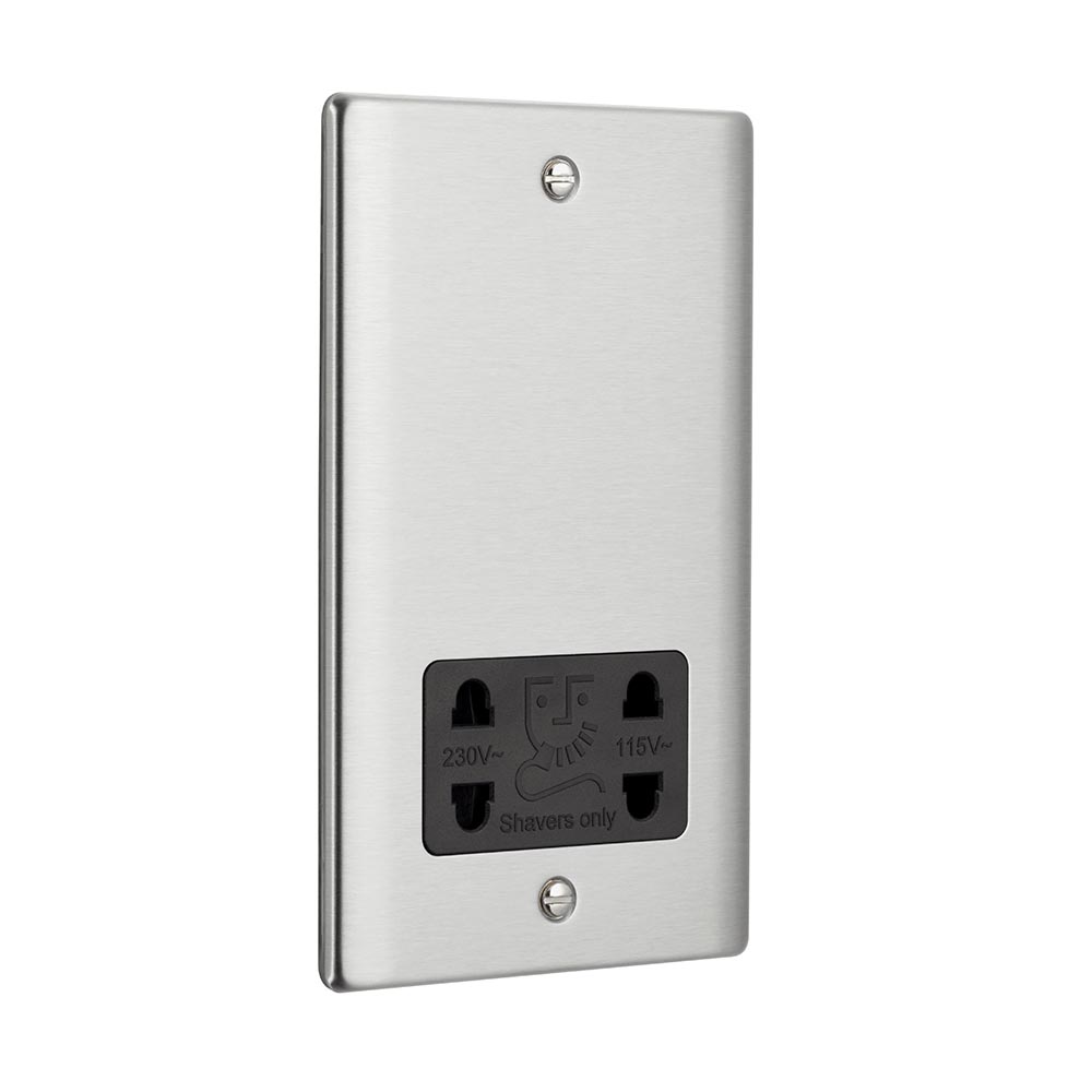 Raised Screwed Dual Voltage Shaver Socket - Brushed Steel With Black Insert