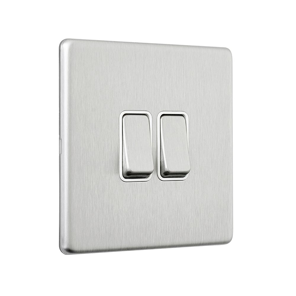 Screwless 10AX 2G 2-Way Switch - Brushed Steel With White Insert