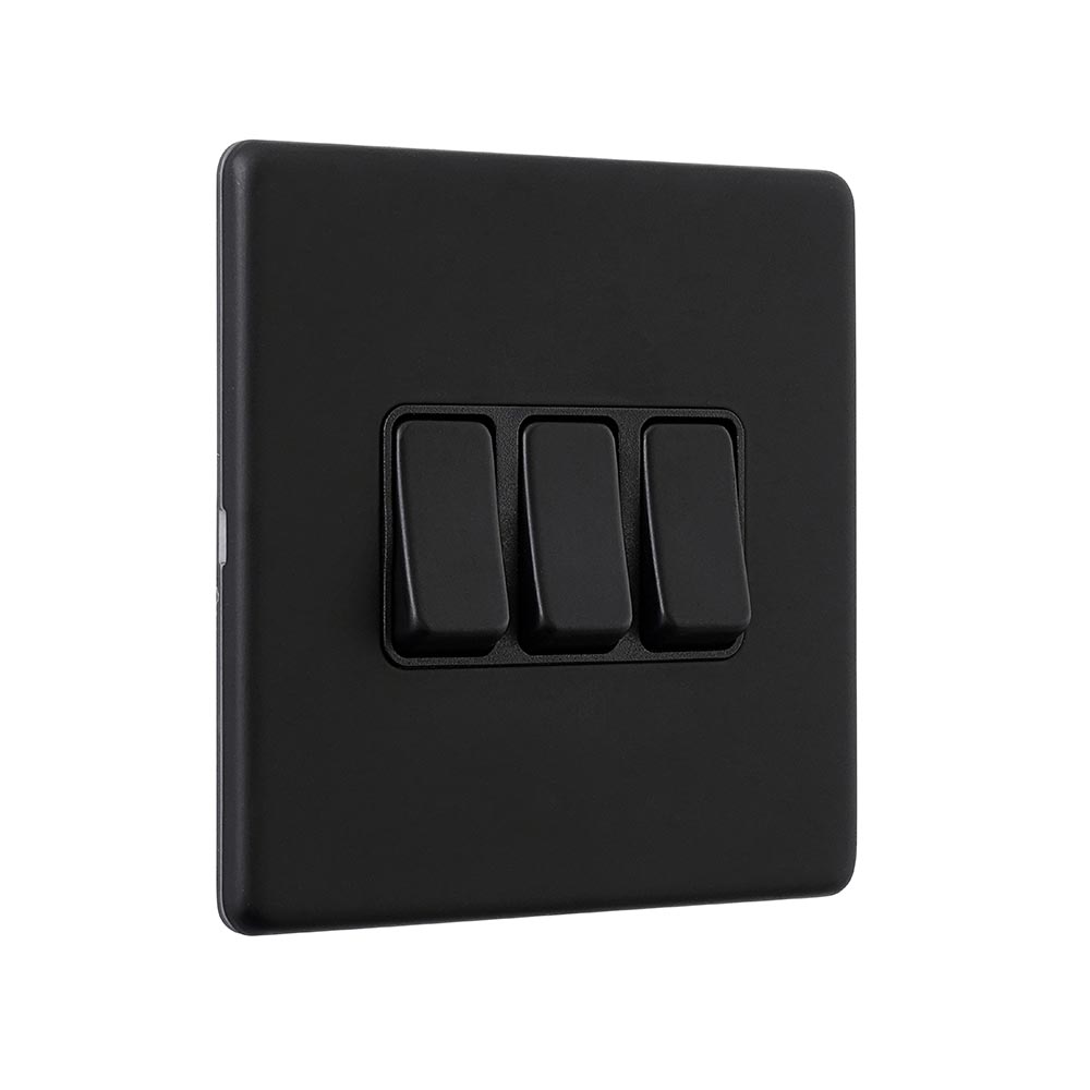 Screwless 10AX 3G 2-Way Switch - Matt Black With Black Insert