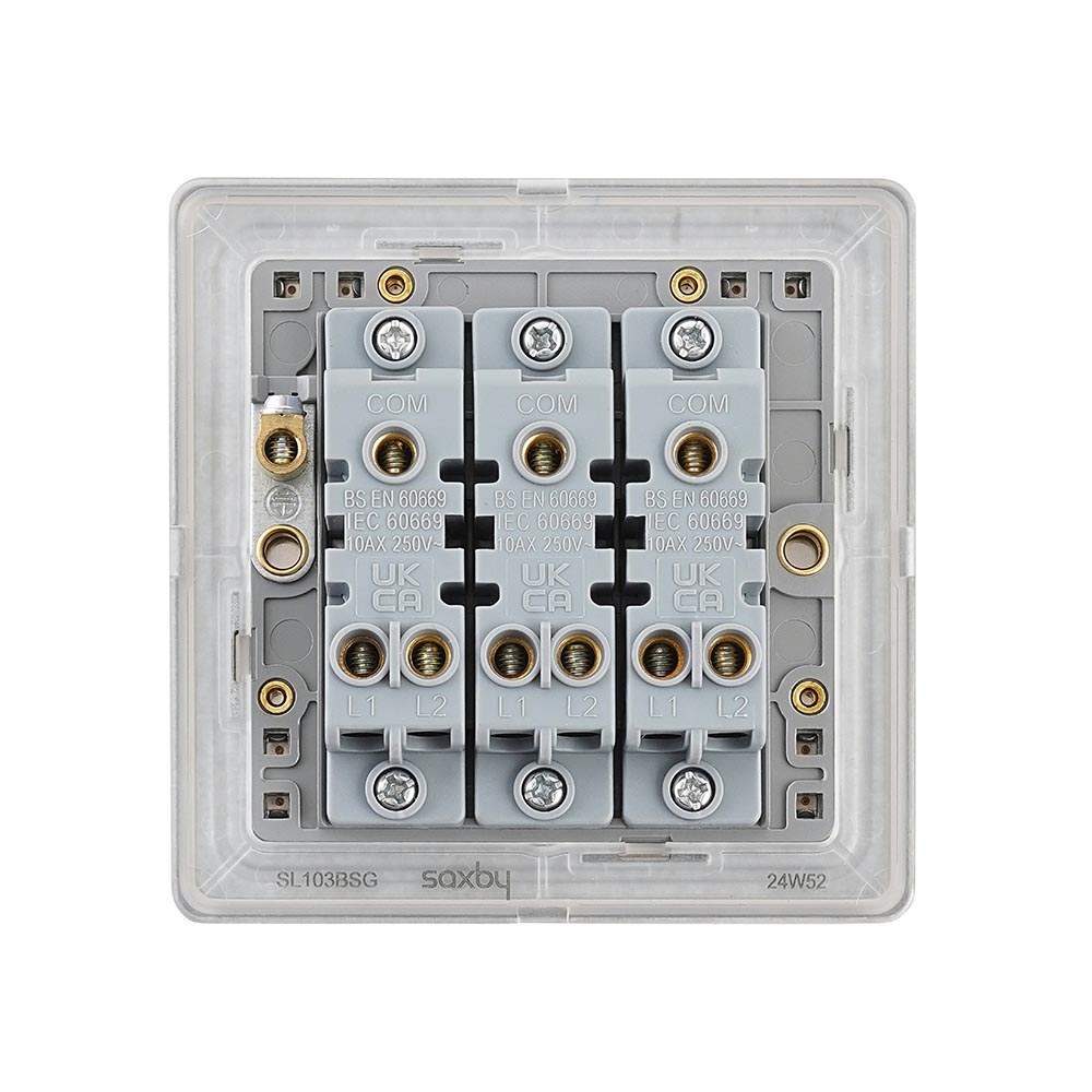 Screwless 10AX 3G 2-Way Switch - Brushed Steel With Grey Insert