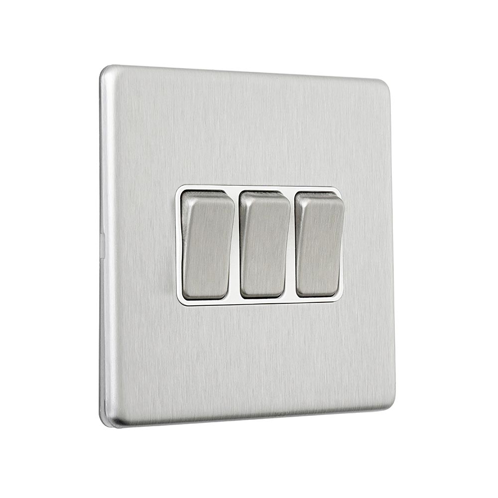 Screwless 10AX 3G 2-Way Switch - Brushed Steel With White Insert