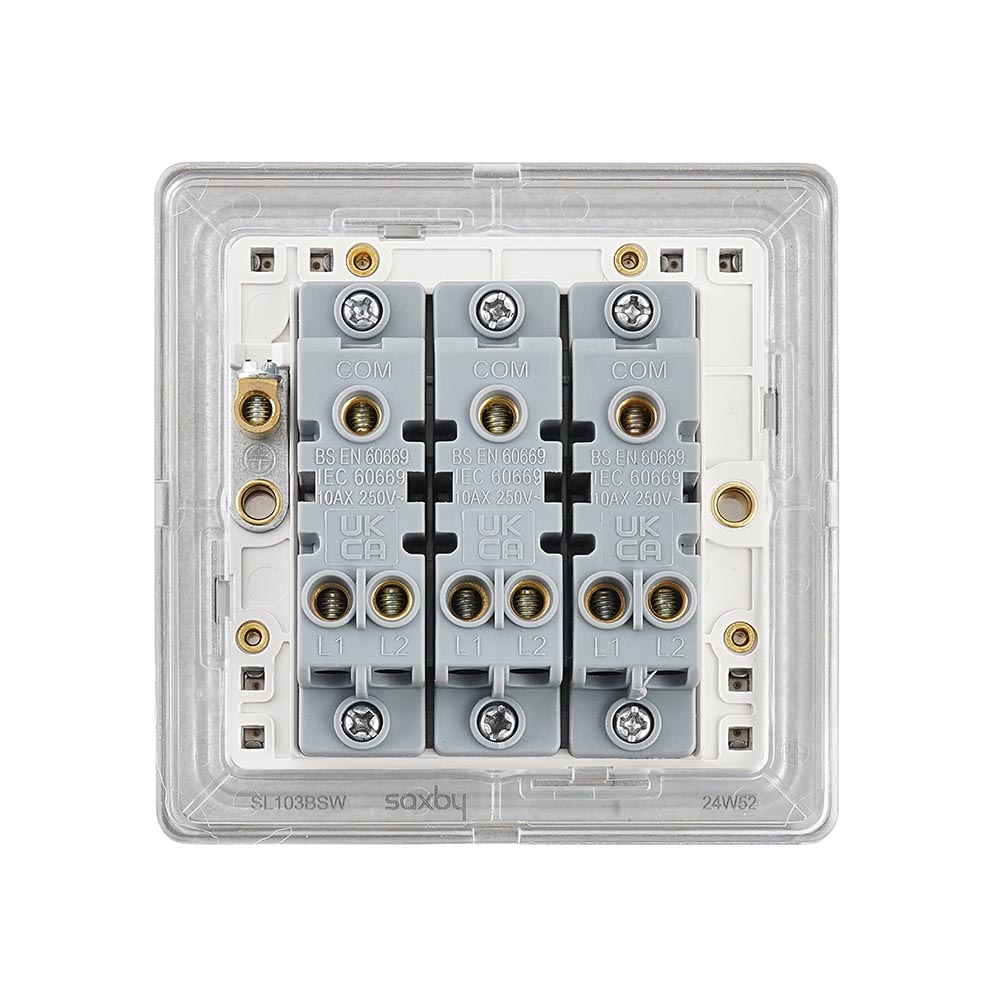 Screwless 10AX 3G 2-Way Switch - Brushed Steel With White Insert
