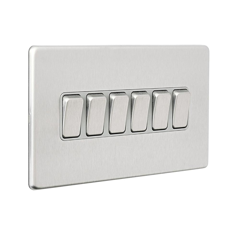 Screwless 10AX 6G 2-Way Switch - Brushed Steel With Grey Insert