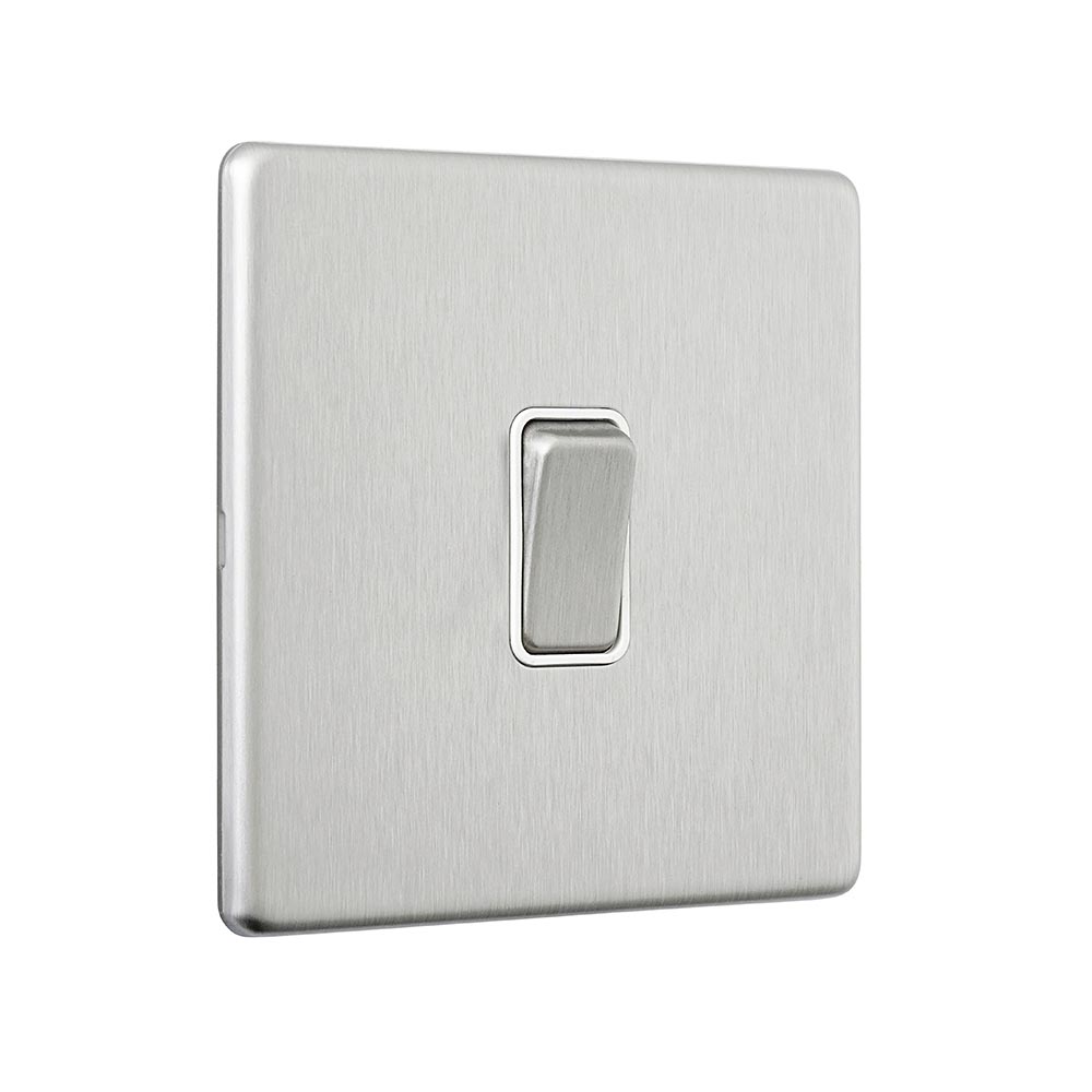Screwless 10AX 1G Intermediate Switch - Brushed Steel With White Insert