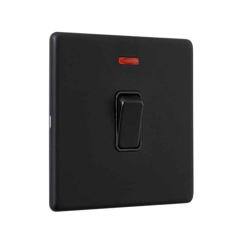 Screwless 20A 1G DP Switch With Neon - Matt Black With Black Insert