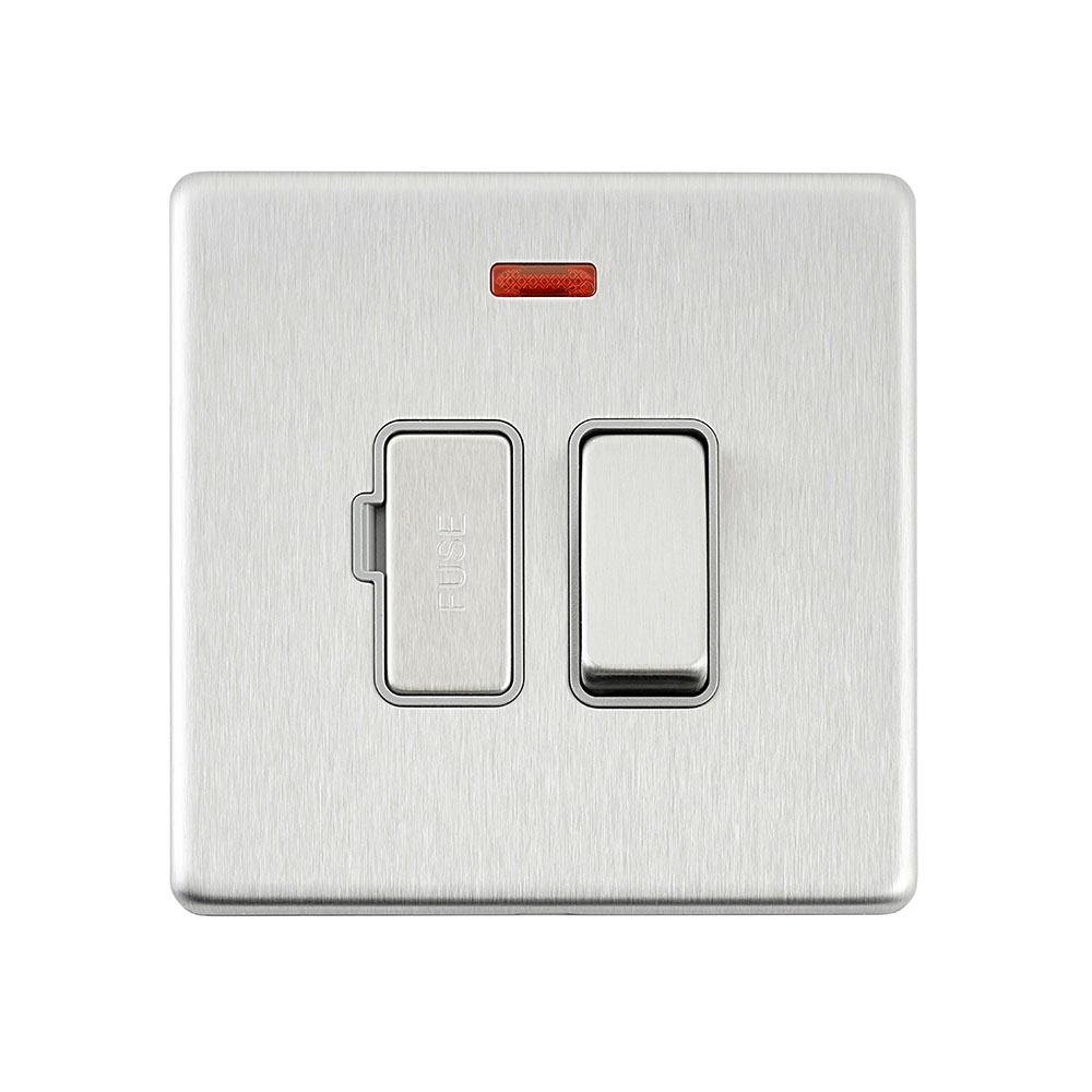 Screwless 13A Switched Fused Spur Unit with Neon - Brushed Steel With ...
