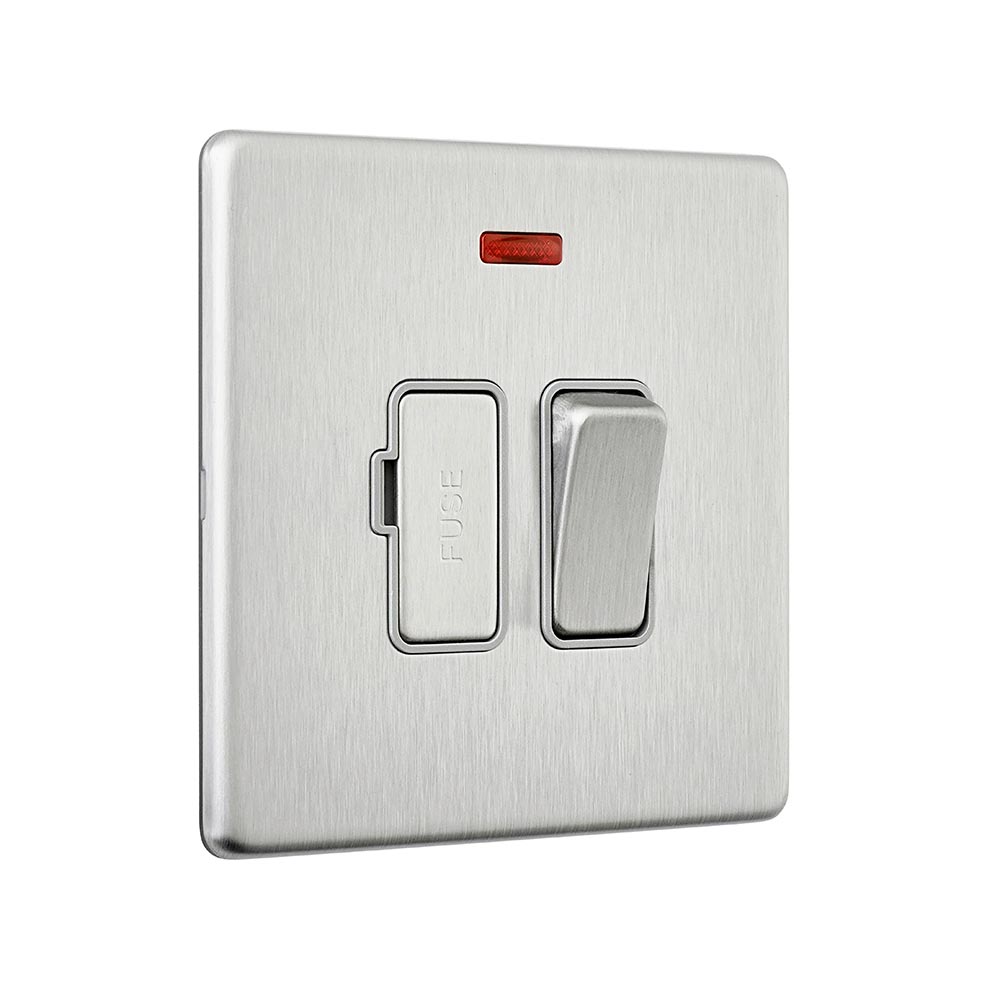 Screwless 13A Switched Fused Spur Unit with Neon - Brushed Steel With ...
