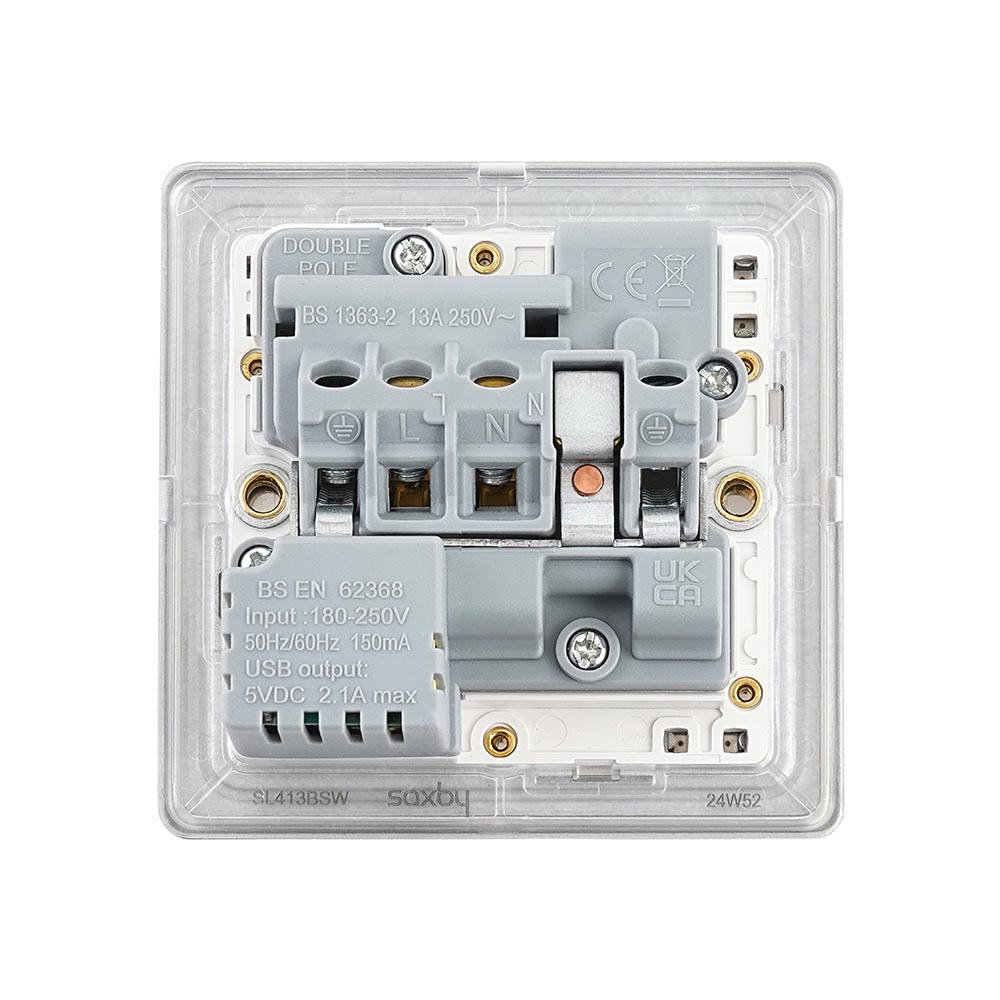 13a Socket Module Screwless 13A 1G DP Switched Socket with 2.1V USB - Brushed Steel With ...