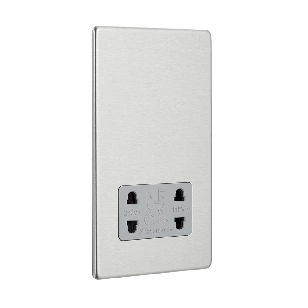Screwless Dual Voltage Shaver Socket - Brushed Steel With Grey Insert