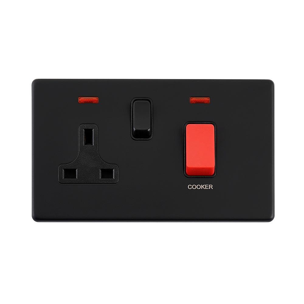 Screwless 45A DP Cooker Switch with 13A Socket with Neon - Matt Black ...