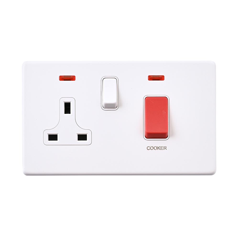 Screwless 45A DP Cooker Switch with 13A Socket with Neon - Matt White ...