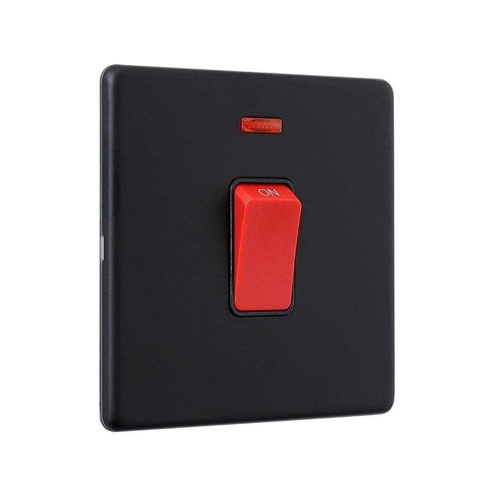 Screwless 45A 1G DP Switch with Neon - Matt Black With Black Insert
