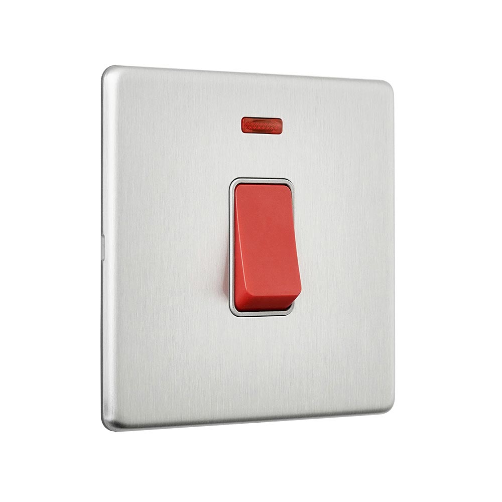 Screwless 45A 1G DP Switch with Neon - Brushed Steel With Grey Insert