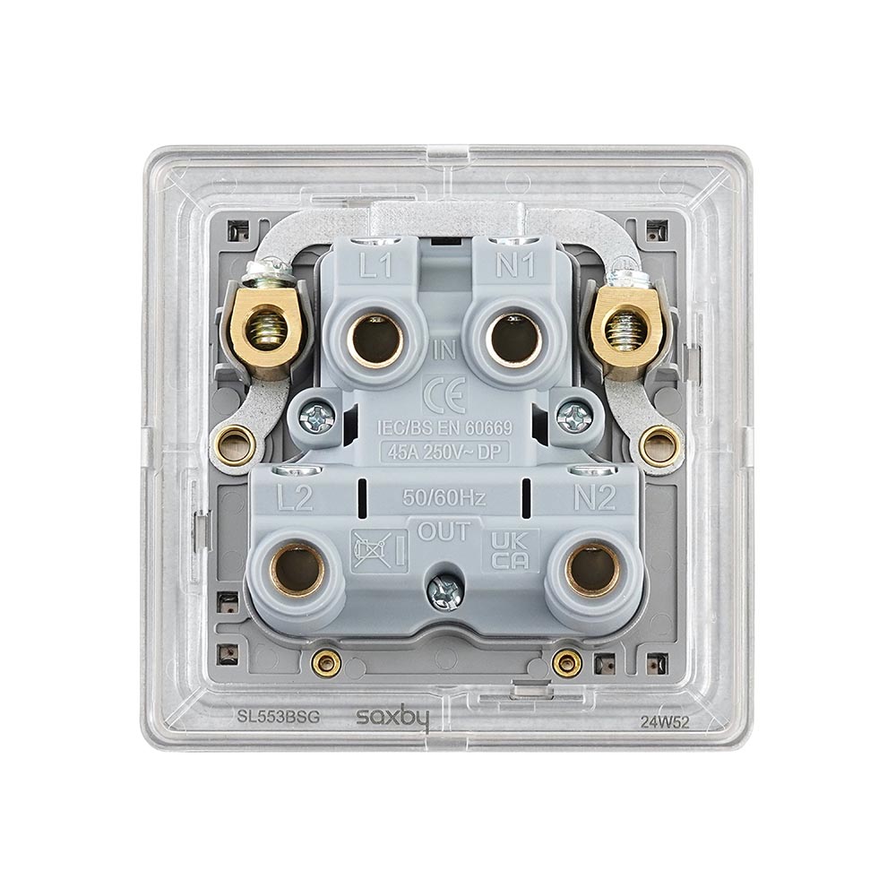 Screwless 45A 1G DP Switch with Neon - Brushed Steel With Grey Insert