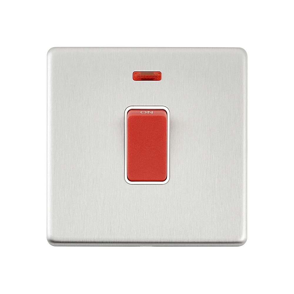 Screwless 45A 1G DP Switch with Neon - Brushed Steel With White Insert