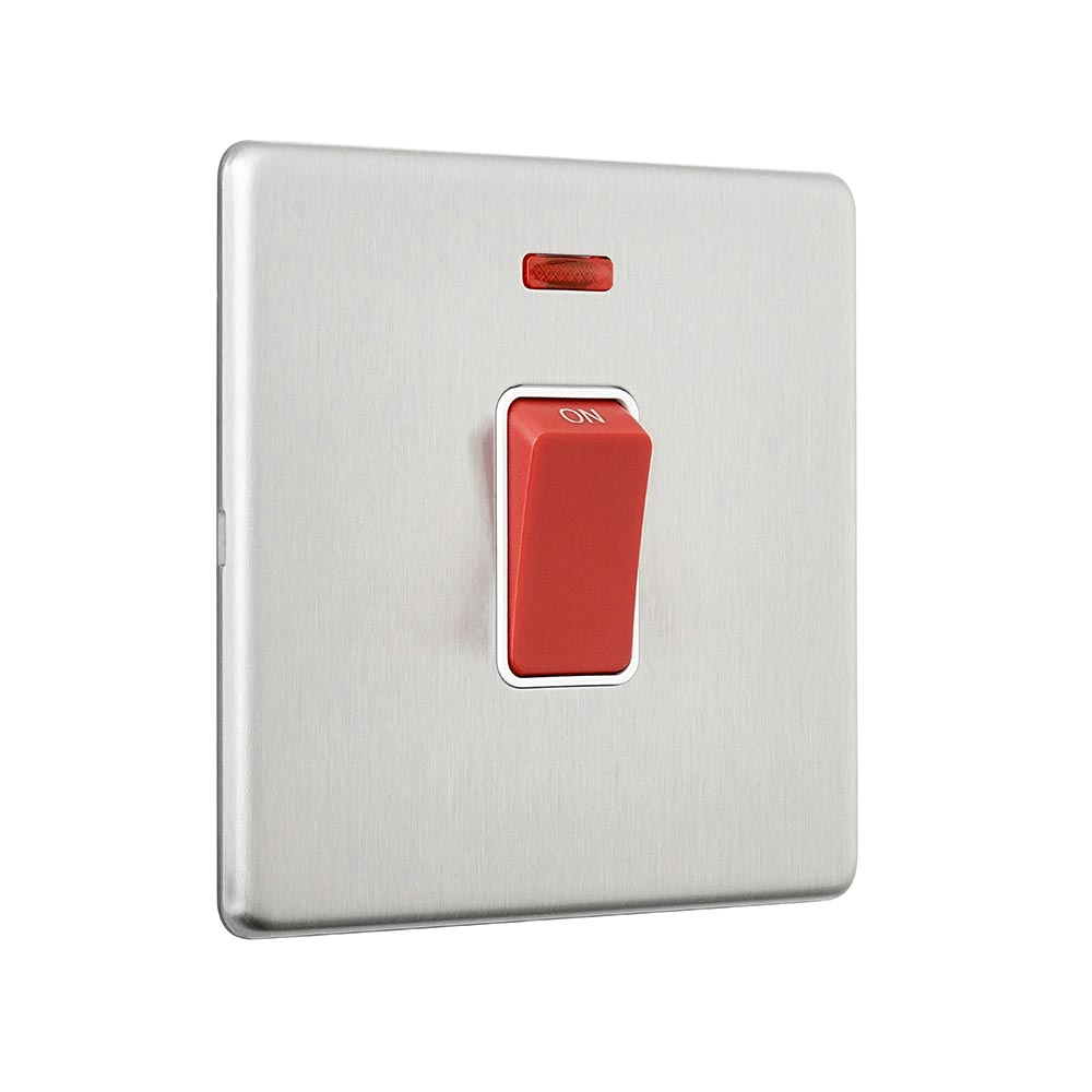 Screwless 45A 1G DP Switch with Neon - Brushed Steel With White Insert