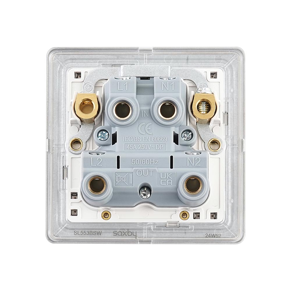 Screwless 45A 1G DP Switch with Neon - Brushed Steel With White Insert