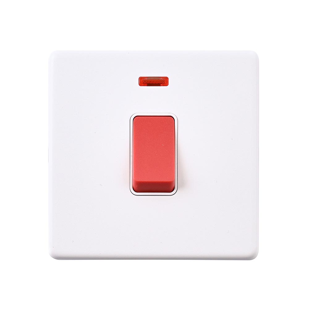 Screwless 45A 1G DP Switch with Neon - Matt White With White Insert
