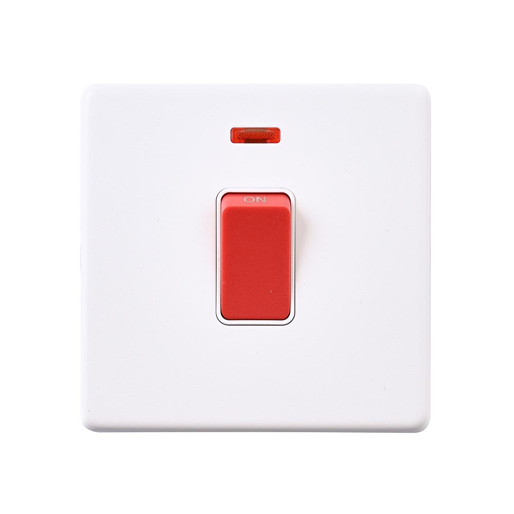 Interrupteur 45A CED WSCCS45N – 1 Gang, DP, Néon 10mm, Finition Chrome Satiné Et Blanc