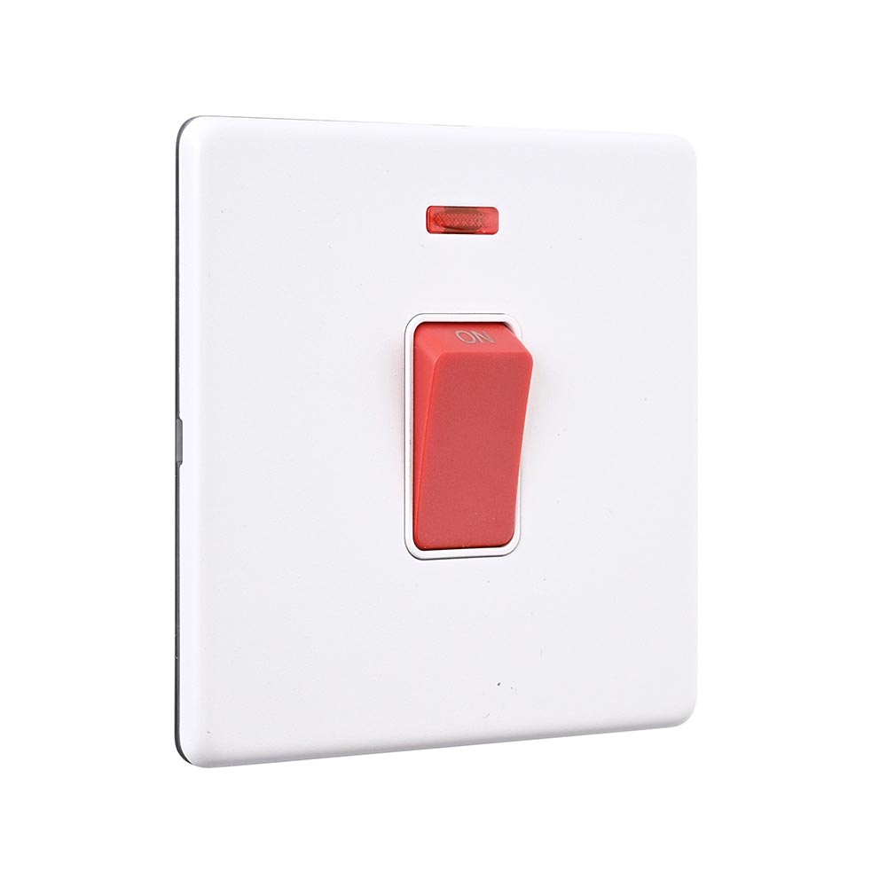 Screwless 45A 1G DP Switch with Neon - Matt White With White Insert